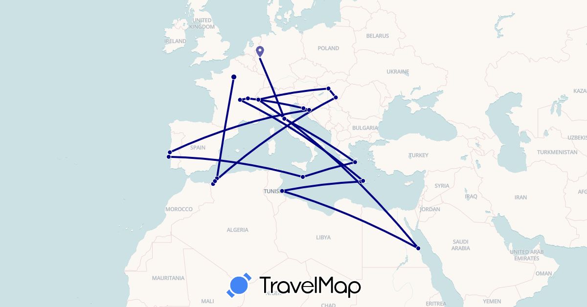 TravelMap itinerary: driving in Germany, Algeria, Egypt, France, Greece, Croatia, Hungary, Italy, Malta, Portugal, Tunisia (Africa, Europe)